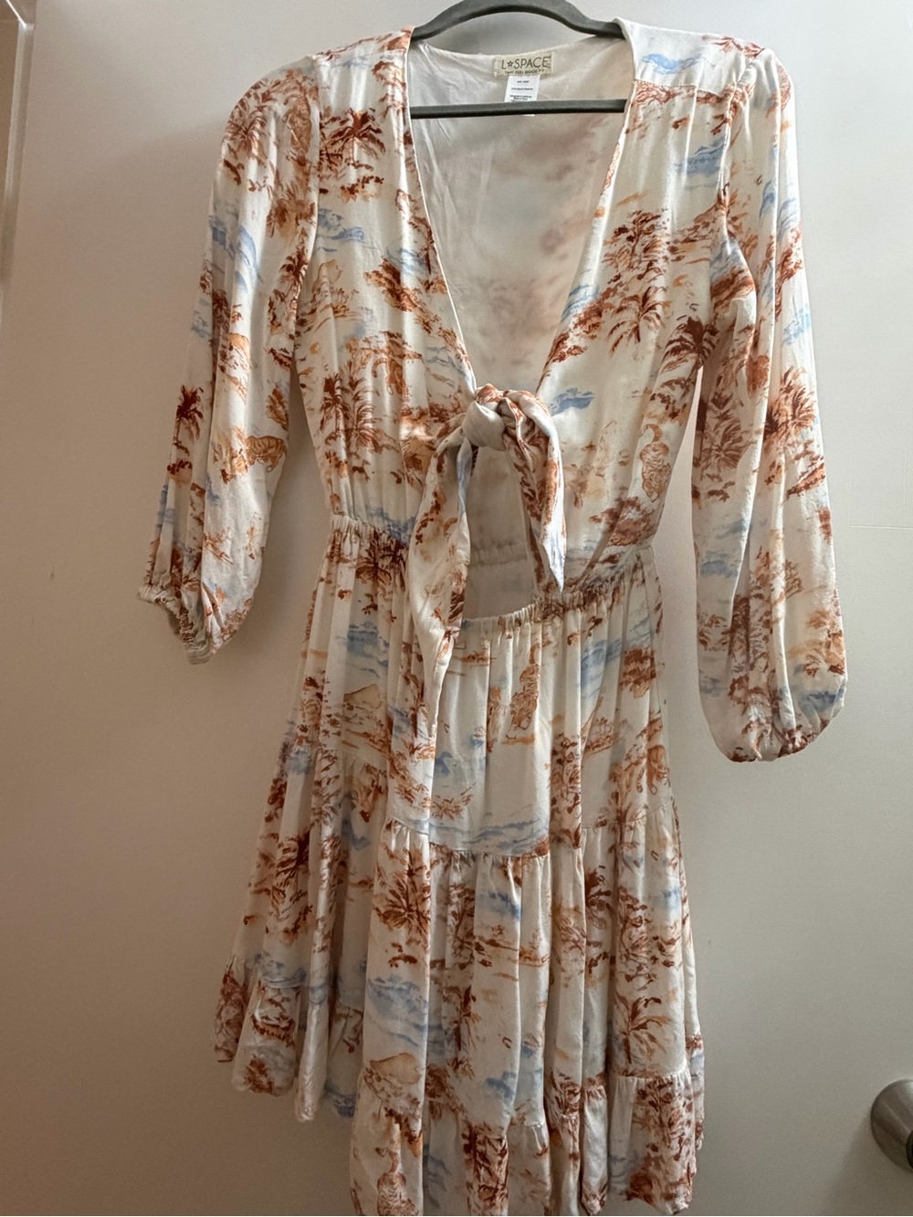 l*space Cream Tie-Front Mini Dress with Blue & Tan Print